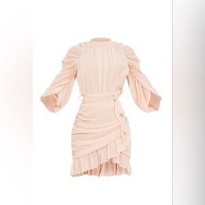 stone chiffon ruched sleeves frill hem bodycon dress